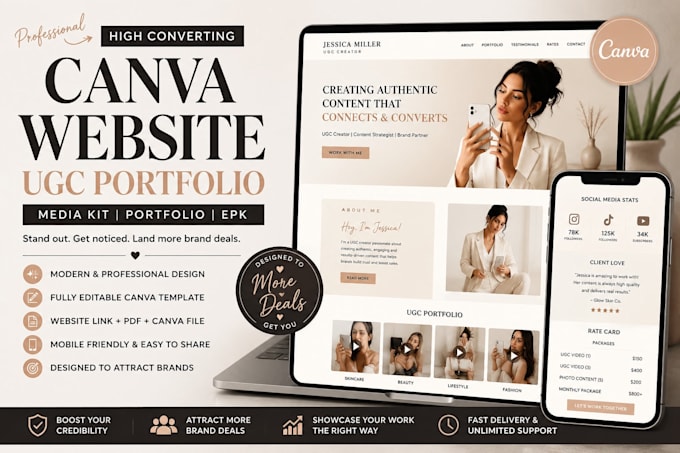 design a high converting ugc portfolio canva website, epk
