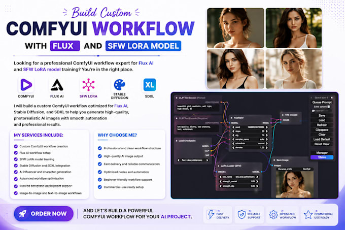 build custom comfyui workflow flux sfw lora model