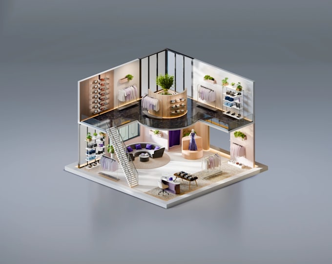 stylish 3d room, isometric scenario, diorama in blender for presentation