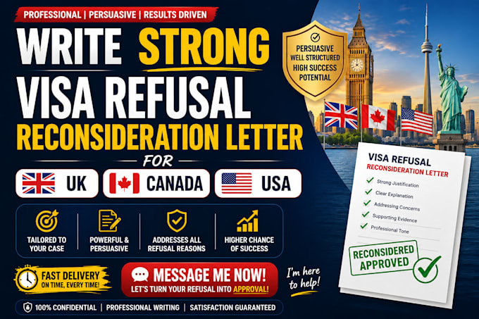 write strong visa refusal reconsideration letter for UK canada USA