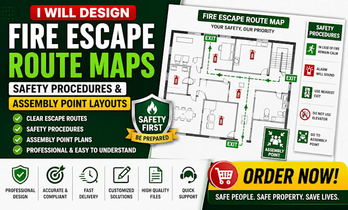 design fire escape route maps, safety procedures and assembly point layouts