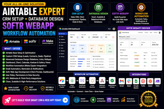 be airtable expert, crm setup database design, softr webapp, workflow automatio
