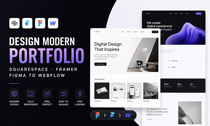 design modern squarespace framer portfolio website page layout figma to webflow