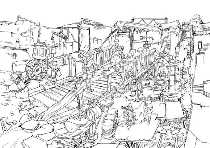 illustrate detailed fantasy cityscapes, no ai