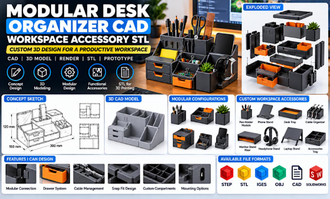 design modular desk organizer cad, stl and workspace accessory