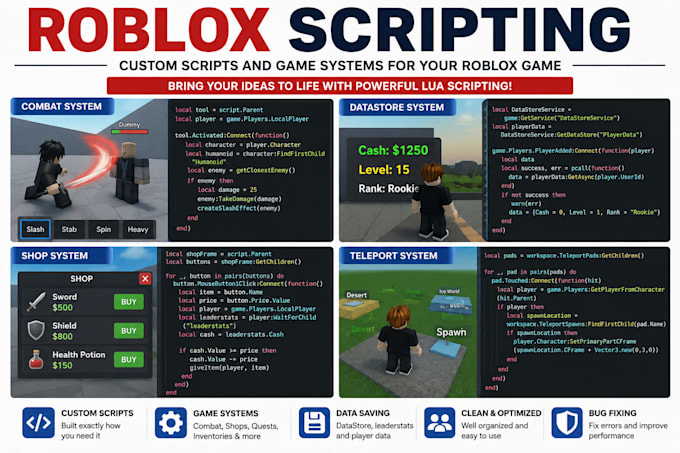 do roblox scripting, lua coding and custom roblox game systems