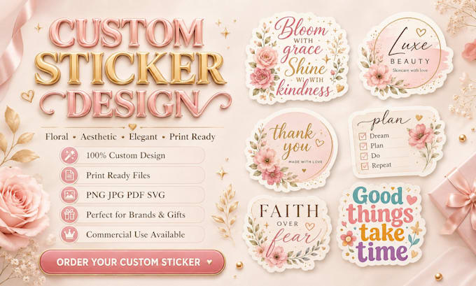 custom sticker design, floral sticker, aesthetic sticker, and packaging sticker