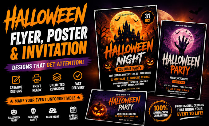design a halloween party flyer, poster and party invitation