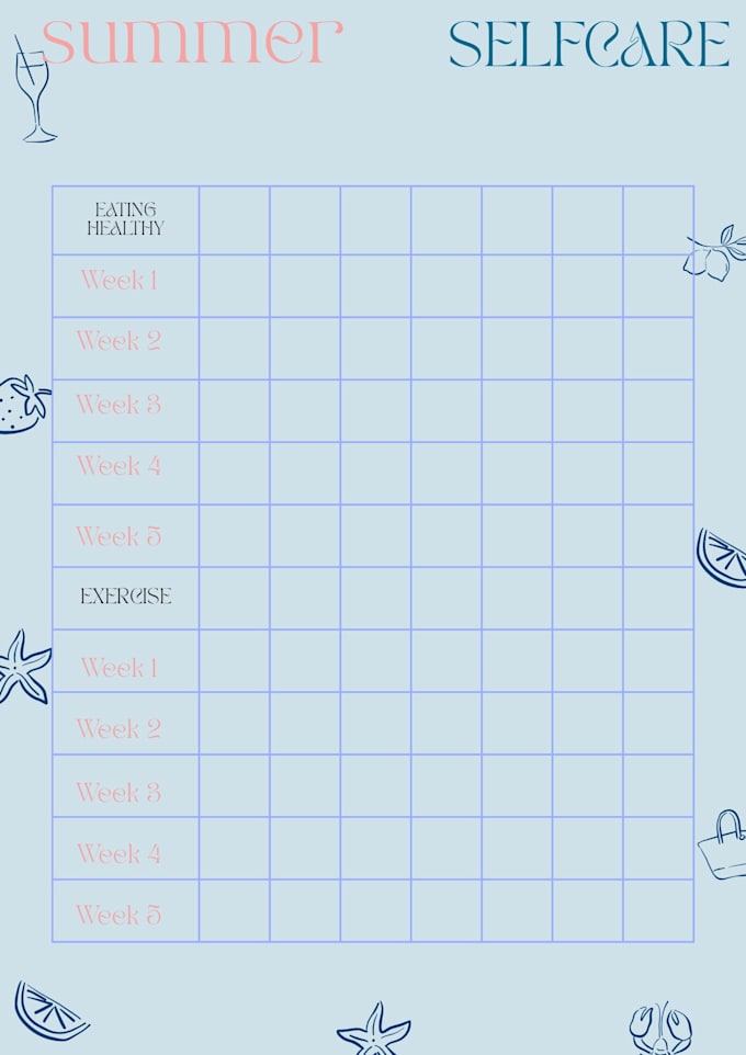 design a cute aesthetic summer selfcare habit tracker PDF