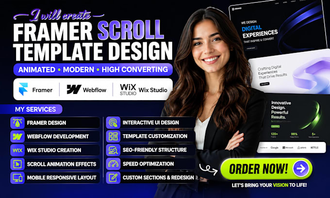 create framer scroll template design spline webflow wix studio animation website