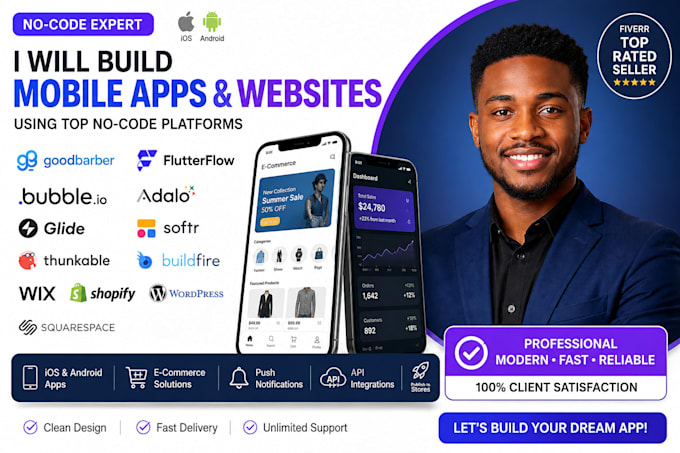 build goodbarber mobile app, bubble io, adalo, flutterflow, glide website app