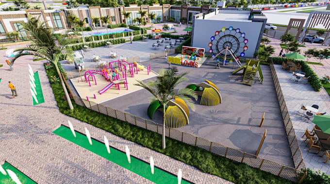 reconstruct outdoor recreational facilities,playground cgi render,3d site layout