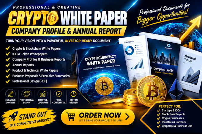 write and design a professional crypto white paper company profile annual report