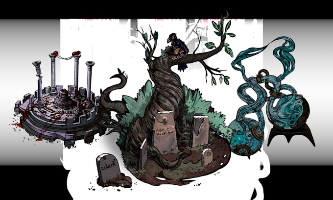 create dark fantasy environment assets and UI for games