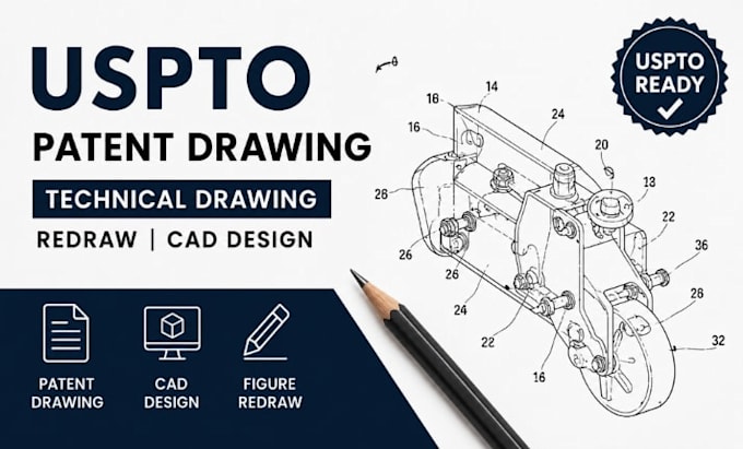 uspto patent technical drawing, patent figure redraw, cad design