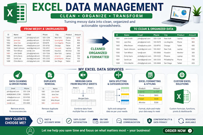 clean, format, merge, split excel data