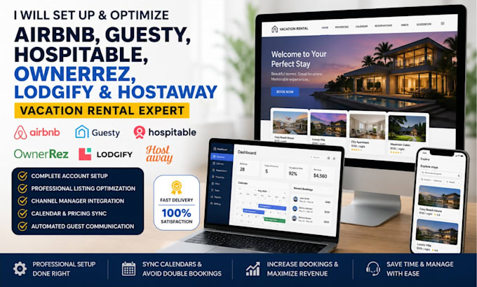 set up airbnb, guesty, hospitable, ownerrez, hostaway listings