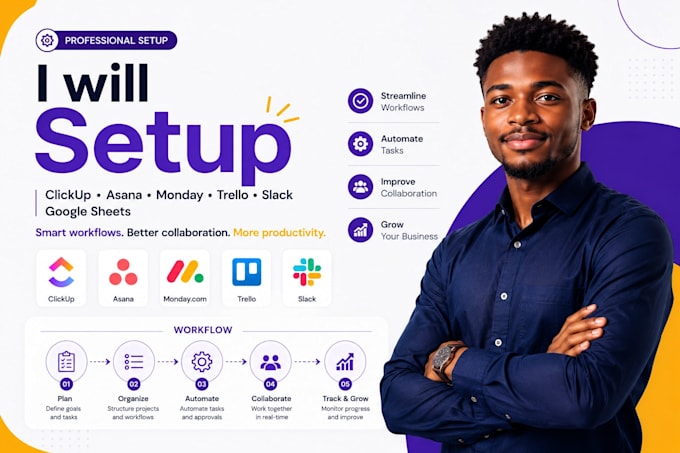 setup clickup asana monday trello slack dropbox google sheets