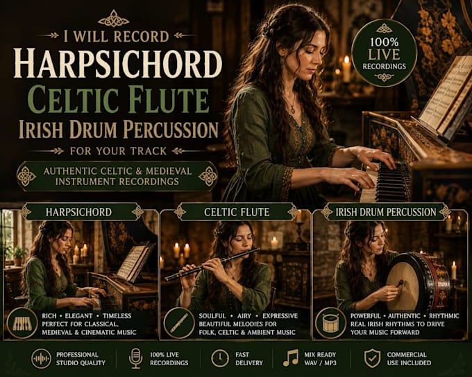 record harpsichord, celtic flute and irish drum percussion for your track