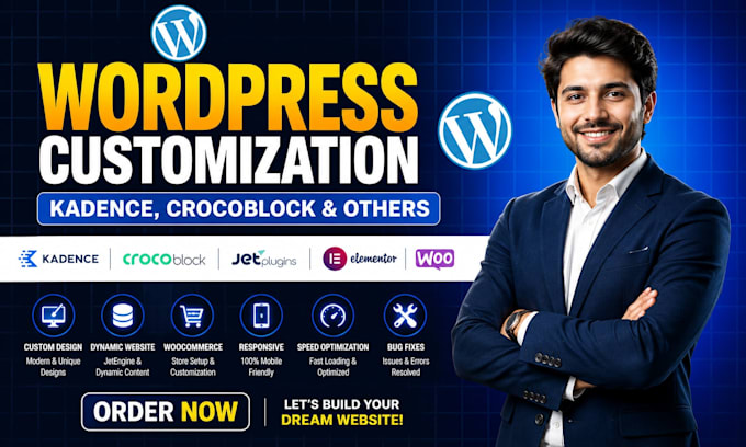 customize wordpress website using kadence, crocoblock, jetengine and elementor