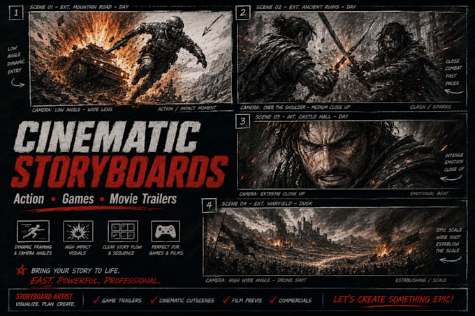 create action packed storyboard sequences for movies and trailers
