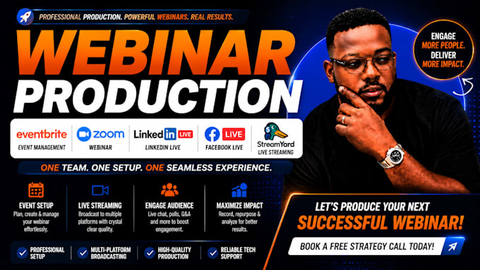 produce your webinar on eventbrite, zoom linkedin live, facebook live streamyard