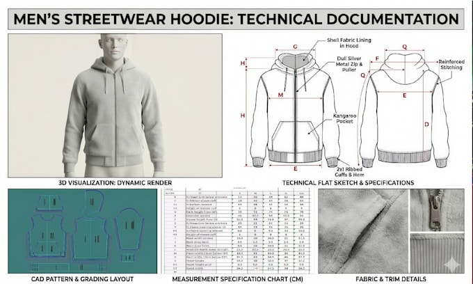 create apparel tech pack and garment cad pattern for zip hoodie or jacket