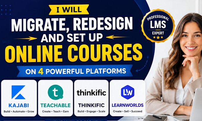 set up, migrate redesign, kajabi teachable thinkific learnworlds courses website