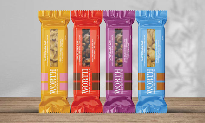 design candy wrapper, chocolate bar, snacks sticks label and mockup