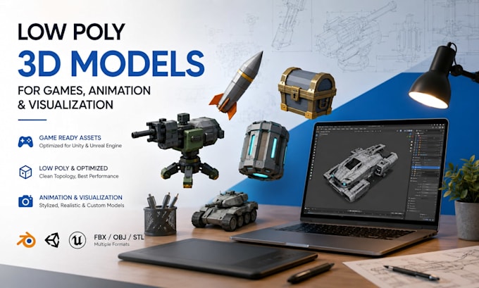 create low poly 3d product models for games, animation, and visualization