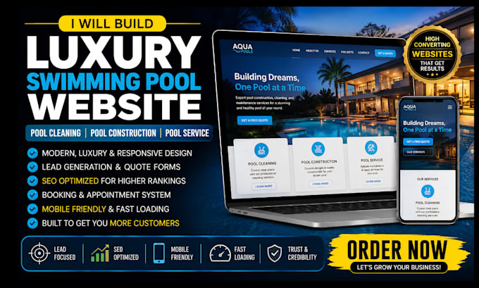 build swimming pool website for pool construction cleaning and service business