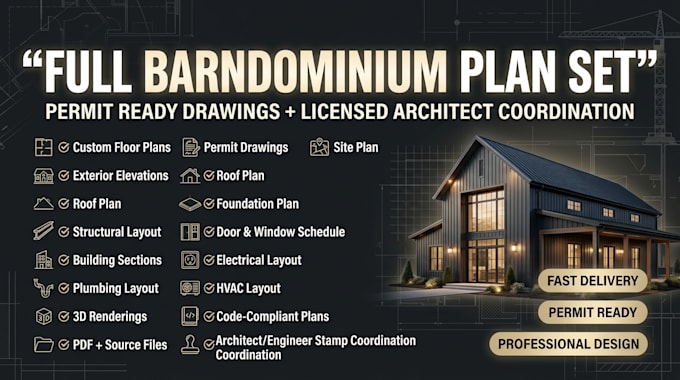 do 3d exterior interior layout for barndominium, ceiling plan, license engineer