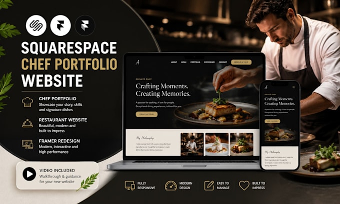 create squarespace chef portfolio website restaurant site framer redesign video