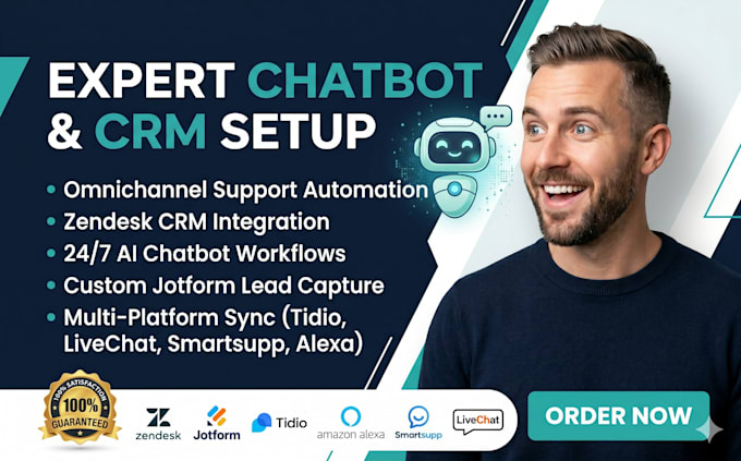 setup chatbots software crm via zendesk jotform tidio alexa smartsupp livechat