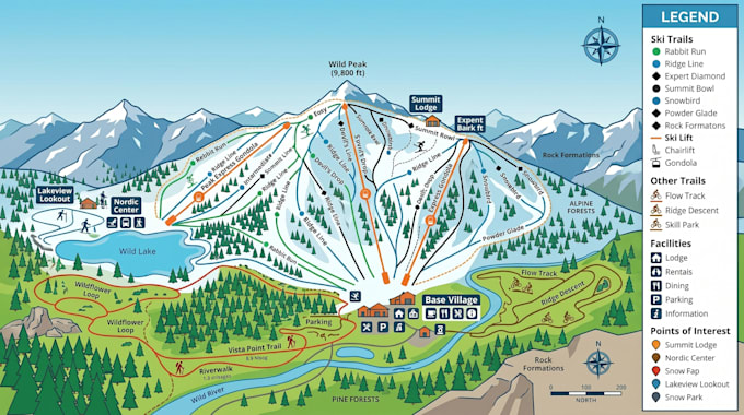 illustrate custom ski trail map, park map, hiking map and outdoor adventure maps