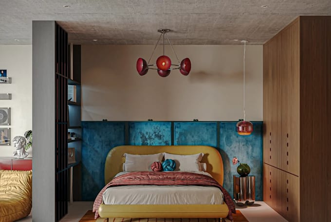 render 3d loft apartment, interior layout design, modern bedroom cgi visual, skp