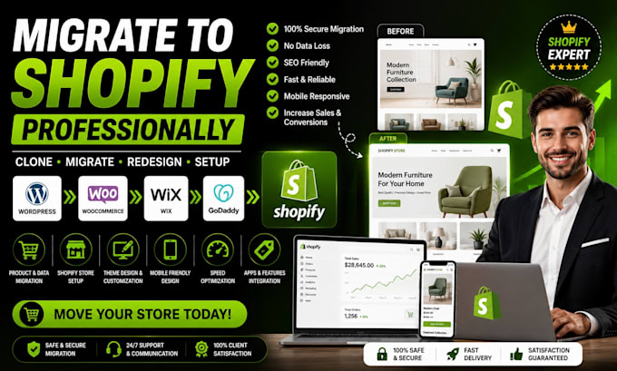 clone migrate wordpress godaddy wix woocommerce to shopify store