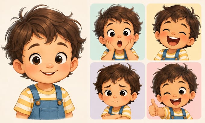 design cute childrens book characters with pose and expression sheets