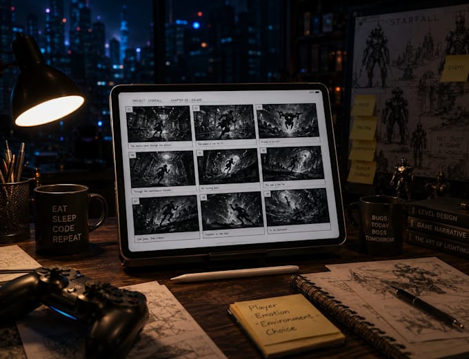 create game cinematic storyboards and cutscene visual development