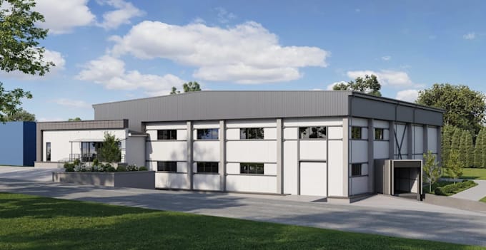 design 3d storage facility, warehouse exterior design, factory layout,cgi render
