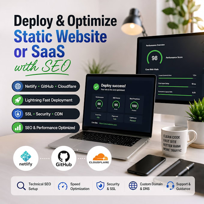 deploy, optimize static website or saas on netlify, github, cloudflare with seo