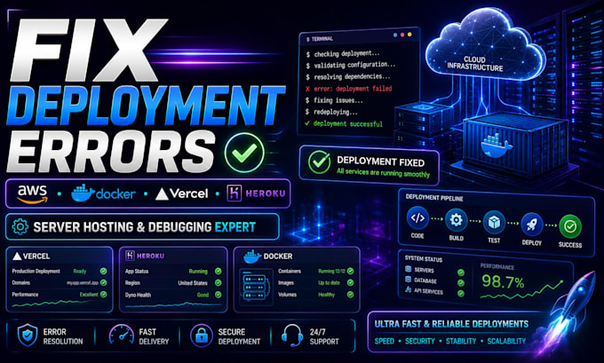 fix deployment errors, debug AWS, vercel, docker, heroku, server hosting issues