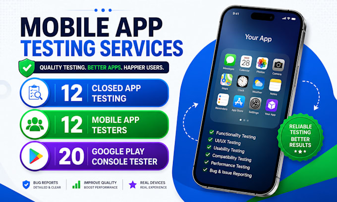 provide closed app testing 12 mobile app testers 20 google play console tester