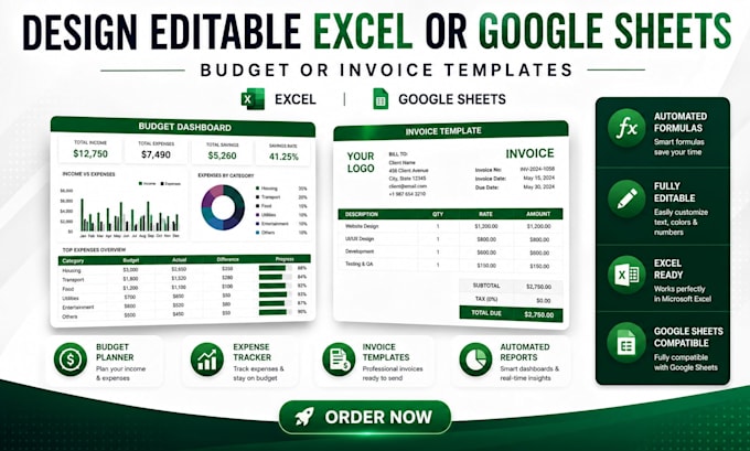 design editable excel or google sheets budget or invoice templates