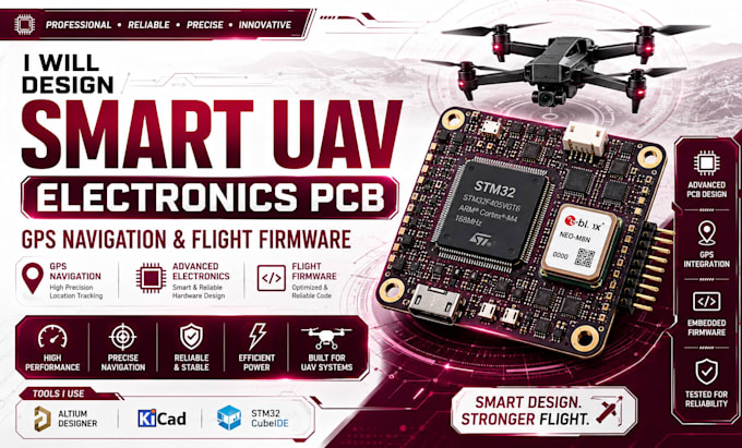 design smart uav electronics pcb, gps navigation and flight firmware and layout