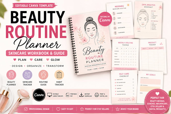 design canva beauty routine planner skincare workbook editable guide