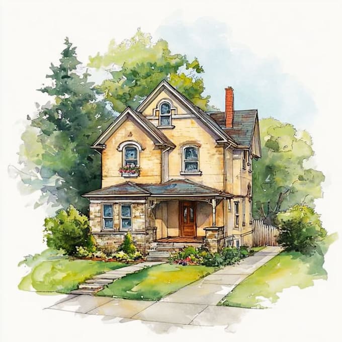 make premium watercolor architectural home illustration