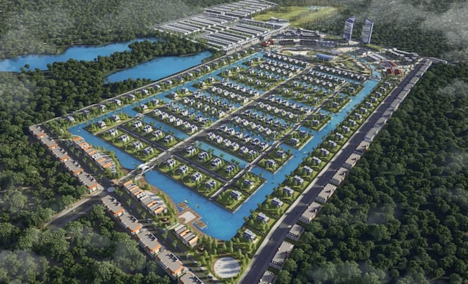 visualize 3d site masterplan,renewable data centre, townhouse development render