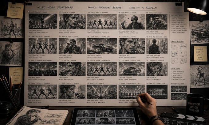 create cinematic music video storyboard illustration