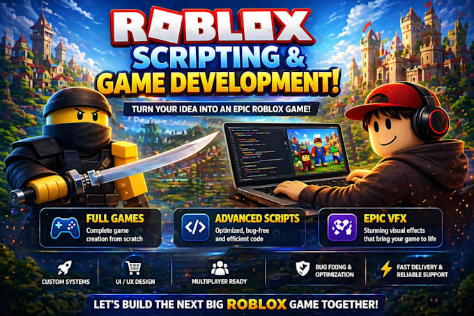 develop full roblox game, roblox map, complete game creation